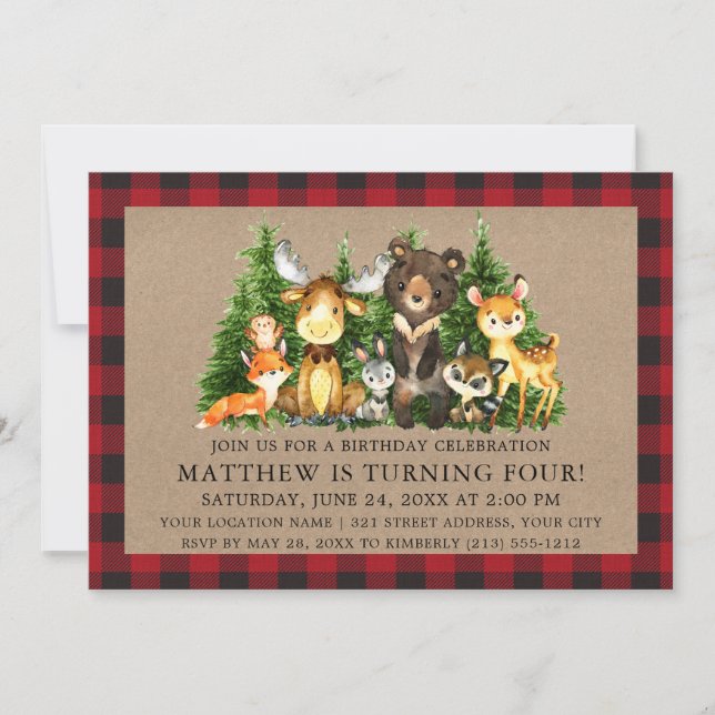 Birthday Watercolor Woodland Tiere Rustikal Einladung (Vorderseite)