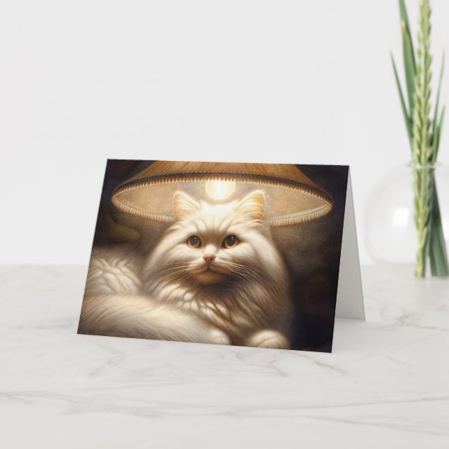 Birthday Weiße Katze sitzend in warmen Lampen Karte (Vorderseite)