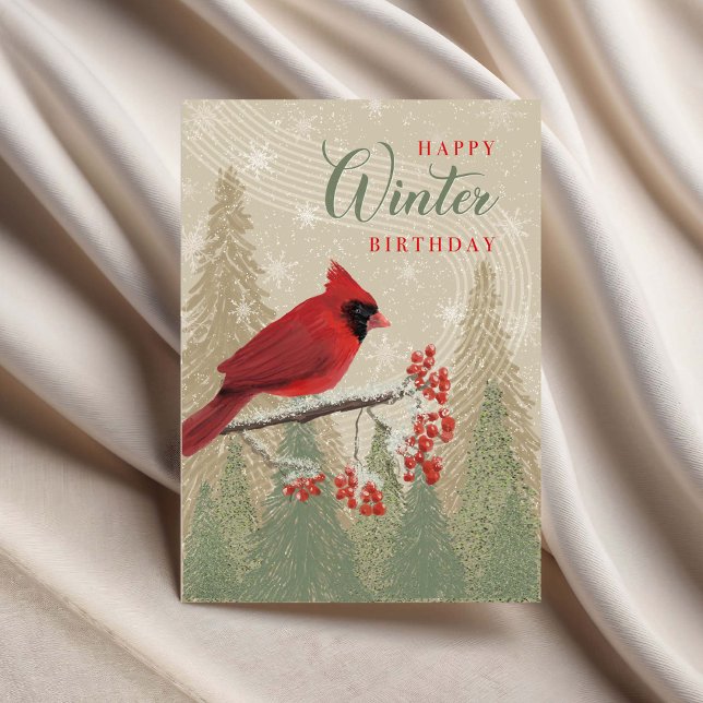 Birthday Winter Trees Berries and Cardinal  Karte (Von Creator hochgeladen)