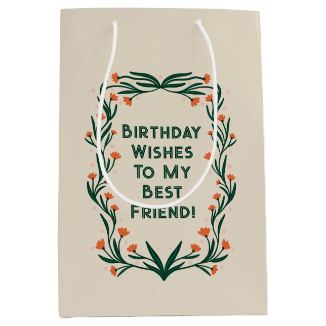 Birthday wünscht elegante Blumenrahmen Mittlere Geschenktüte (Vorderseite)