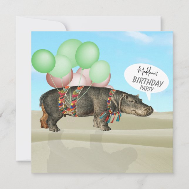 Birthday Wüste Fun Hippo Balloons farbenfroh Einladung (Vorderseite)