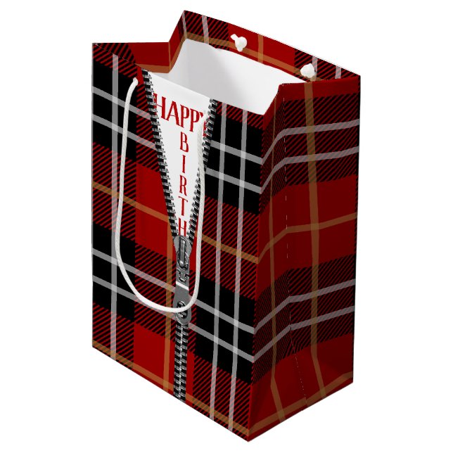 Birthday Zipper auf Tartan Kariert Mittlere Geschenktüte (Vorderseite Schrägansicht)