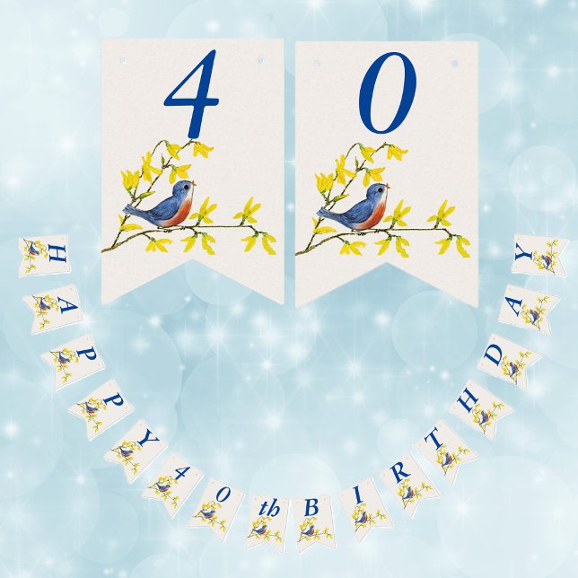 BirthdayBlue Red Bird auf Branly Yellow Flowers Wimpelkette (Cute singing red blue bird on branch yellow flowers Happy birthday bunting flag party banner.)