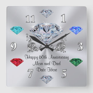 Birthstone Diamond Anniversary Clock für Eltern Quadratische Wanduhr