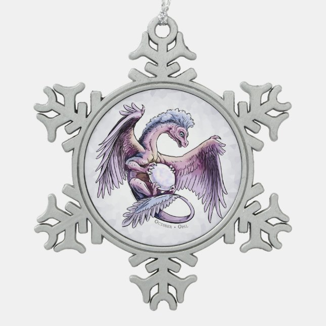 Birthstone-Drache vom Oktober: Opal Schneeflocken Zinn-Ornament (Vorderseite)