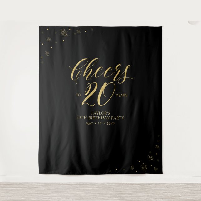 Bis 20 Jahre | Gold & Black Birthday Party Wandteppich (Vorderseite)