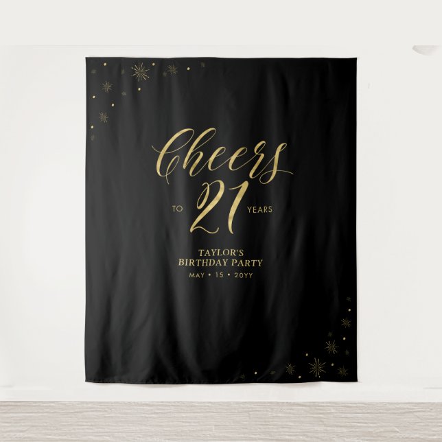 Bis 21 Jahre | Gold & Black Birthday Party Wandteppich (Vorderseite)
