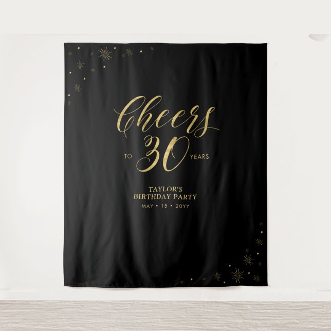 Bis 30 Jahre | Gold & Black Birthday Party Wandteppich (Vorderseite)