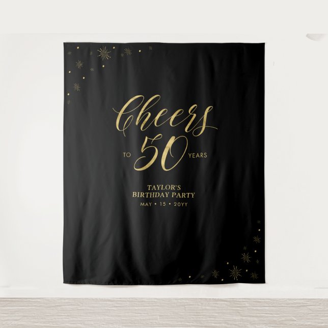 Bis 50 Jahre | Gold & Black Birthday Party Wandteppich (Vorderseite)