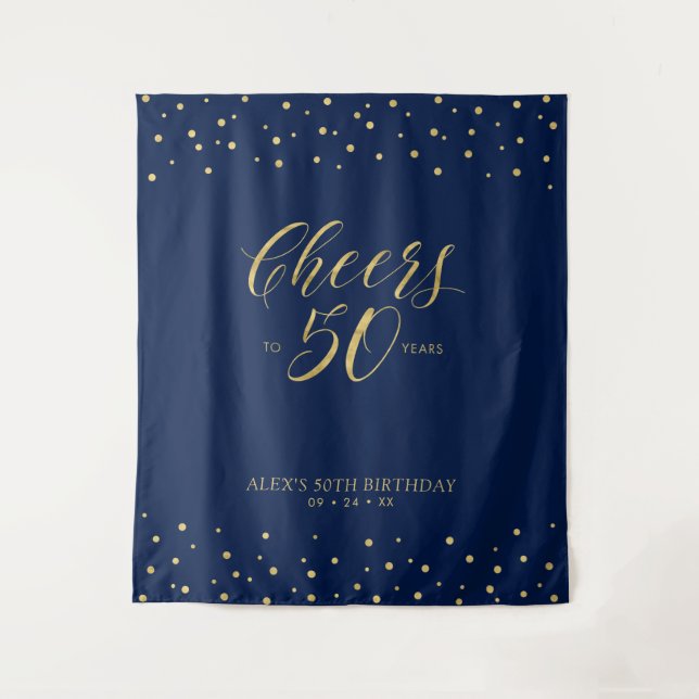 Bis 50 Jahre | Gold & Navy 50. Geburtstag Wandteppich (Vorderseite)