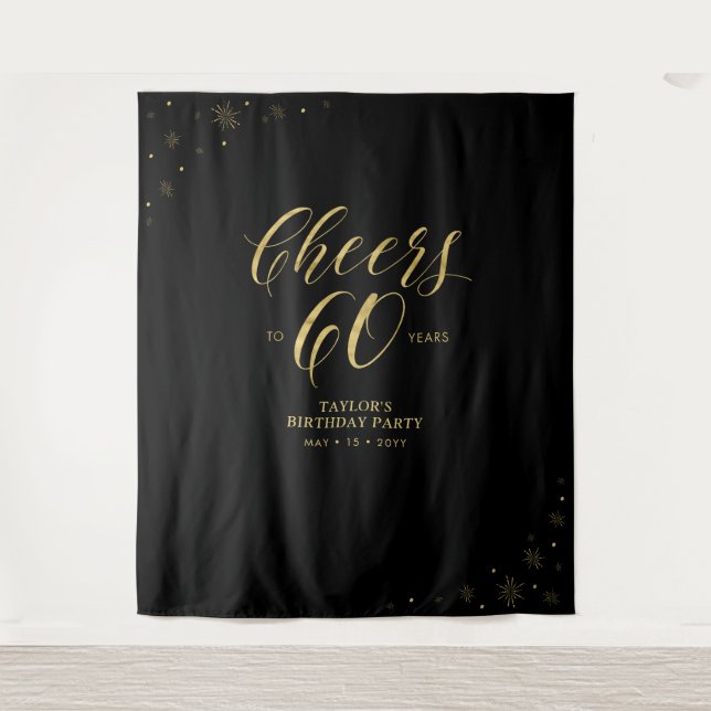 Bis 60 Jahre | Gold & Black Birthday Party Wandteppich (Vorderseite)