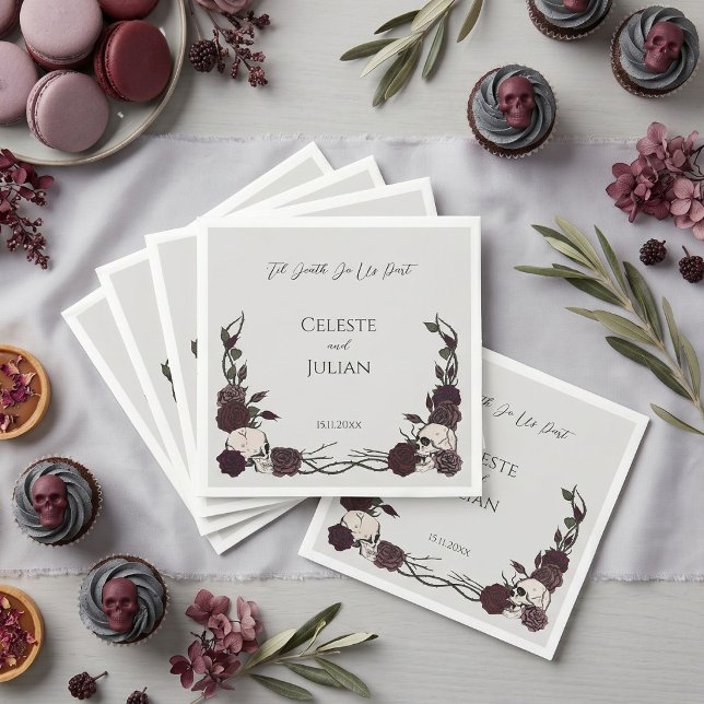 Bis dass der Tod uns scheidet Gothic Schädel & Ros Serviette (moody maroon and gray floral skull rose soft gothic wedding paper napkins for alternative wedding)