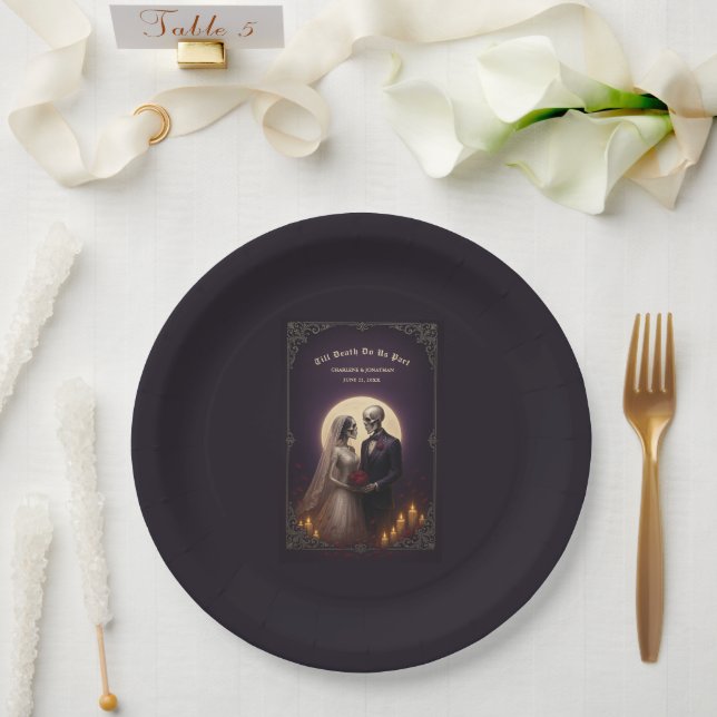 Bis dass der Tod uns scheidet Gothic-Skelette Hoch Pappteller (Hochzeit)