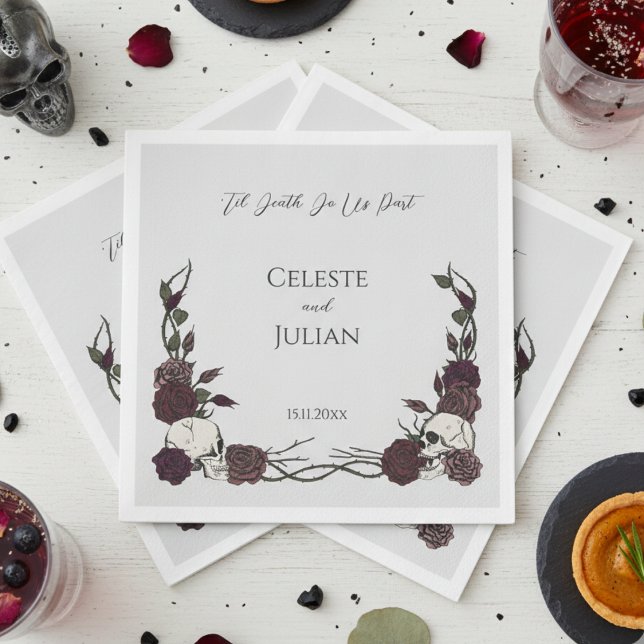 Bis dass der Tod uns scheidet - Gothic-Totenkopf u Serviette (Til Death Gothic Wedding Napkins for Hallowedding or Gothic Party for Her. Dramatic Skull and Roses)