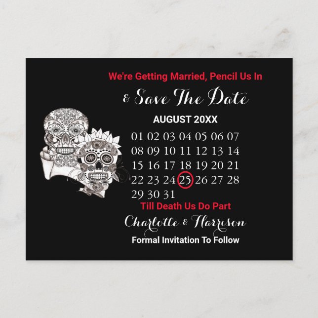 Bis der Tod uns Teil Skulls Red Black Wedding mach Ankündigungspostkarte (Vorderseite)