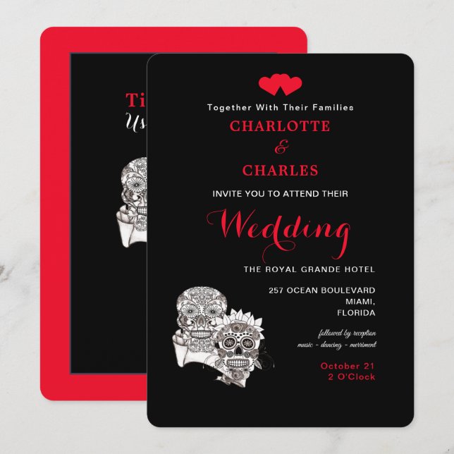 Bis der Tod uns Teil Skulls Red Black Wedding mach Einladung (Vorne/Hinten)