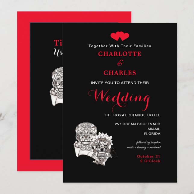 Bis der Tod uns Teil Skulls Red Black Wedding mach Einladung (Vorne/Hinten)