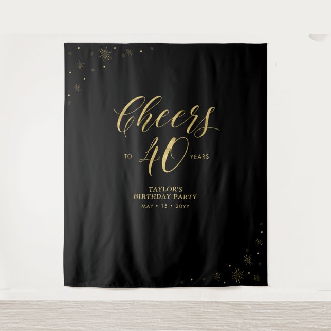 Bis zu 40 Jahre | Gold & Black Birthday Party Wandteppich (Vorderseite)