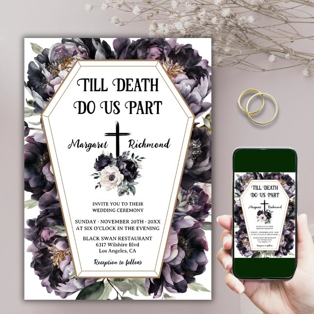 Bis zum Tod | Black Peonies Coffin Gothic Wedding Einladung (Von Creator hochgeladen)