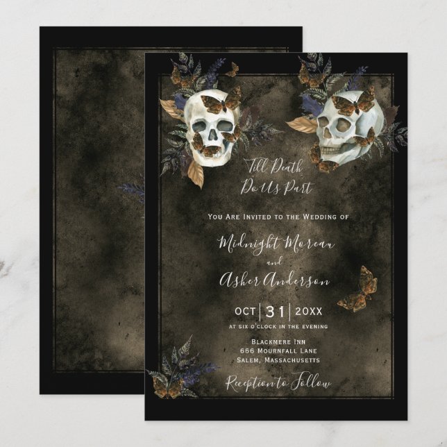 Bis zum Tod bringen uns die Skulls Gothic Wedding  Einladung (Vorne/Hinten)