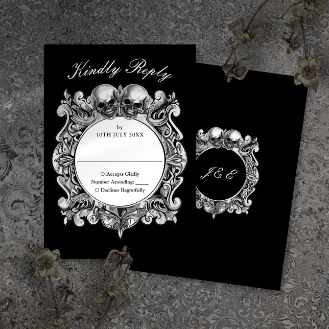 Bis zum Tod gotische Skulls Monogramm Hochzeit RSVP Karte (Till Death Gothic Skulls Monogram Wedding RSVP Card)