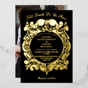 Bis zum Tod gotisches Foto Hochzeit Schwarz und Go Folieneinladung