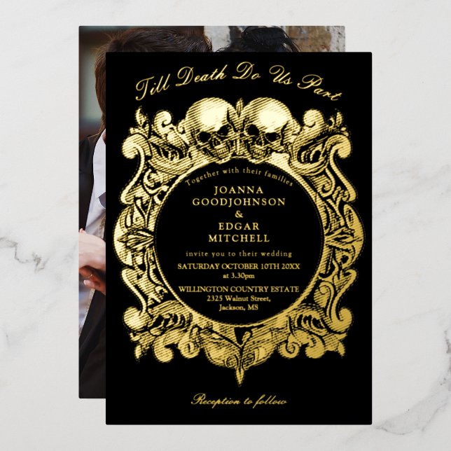 Bis zum Tod gotisches Foto Hochzeit Schwarz und Go Folieneinladung (Vorderseite/Rückseite)