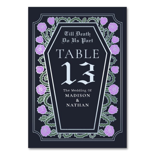 Bis zum Tod Lilac Rose Blue Gothic Wedding Tischnummer (Vorderseite)