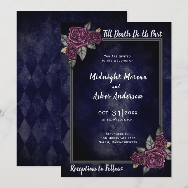 Bis zum Tod machen wir Teil blaue Hochzeitseinladu Einladung (Vorne/Hinten)