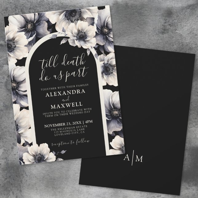 Bis zum Tod machen wir Teil Elegante Schwarze Flor Einladung (Till Death Do Us Part Elegant Black Floral Wedding Invitation)