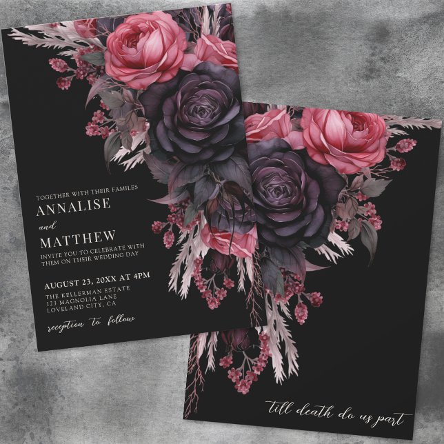 Bis zum Tod machen wir Teil gotische Schwarze Blüt Einladung (Till Death Do Us Part Gothic Black Floral Wedding Invitation)