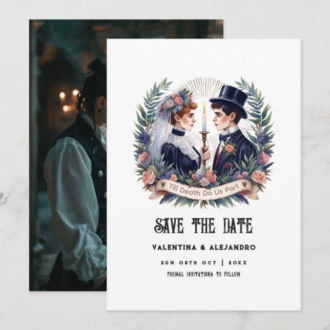 "Bis zum Tod machen wir Teil" Gotisches Foto Save The Date (Vorne/Hinten)