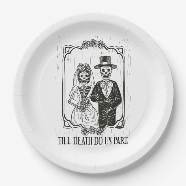Bis zum Tod machen wir Teil Skelett Hochzeitscoupe Pappteller (Vorderseite)