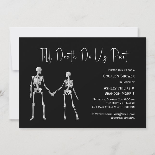 Bis zum Tod machen wir Teil Skeletton Couple Dusch Einladung (Vorderseite)