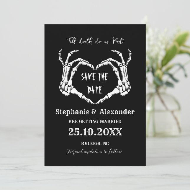 Bis zum Tod Save the Date Halloween gotische Hochz Einladung (Stehend Vorderseite)