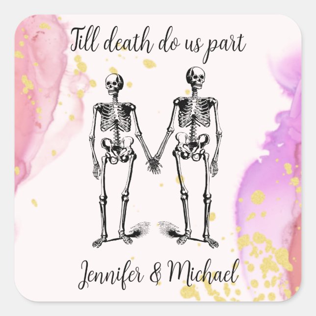 Bis zum Tod teilen Skeleton Couple Name rot Quadratischer Aufkleber (Vorderseite)