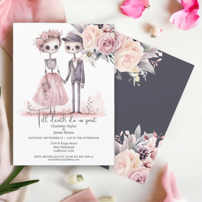 Bis zum Tod teilen wir Braut und Gräuel Einladung (Till death do us part Bride and Groom Invitations from Ricaso. Cute skeleton couple with flowers)