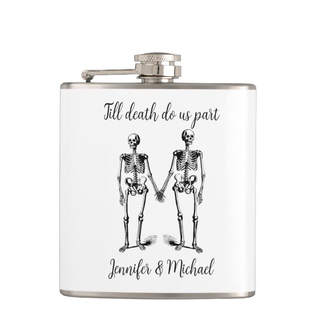 Bis zum Tod teilen wir Skeleton Couple Name Black Flachmann (Vorderseite)