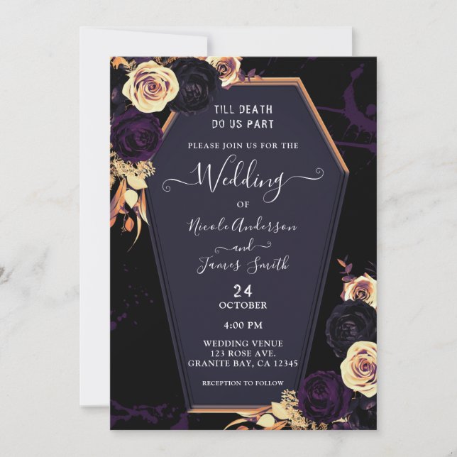 Bis zum Tod tun uns Lila Coffin-gotische Hochzeit Einladung (Vorderseite)