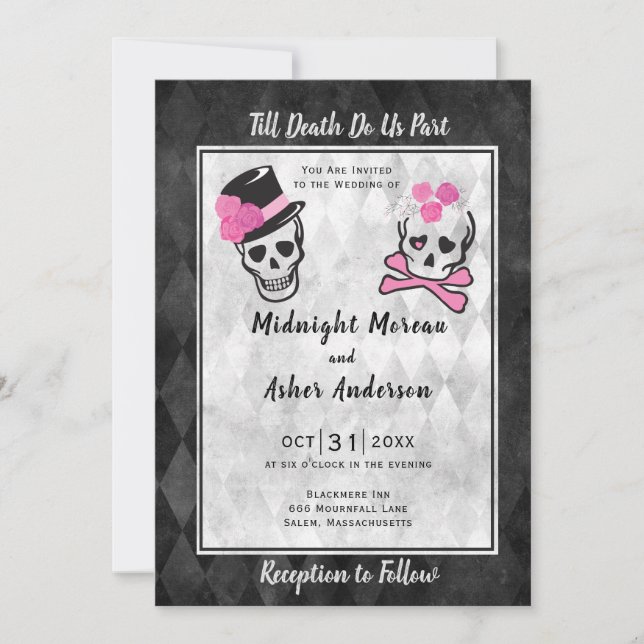 Bis zum Tod tun wir Teil Skulls Tophat Blume Einladung (Vorderseite)