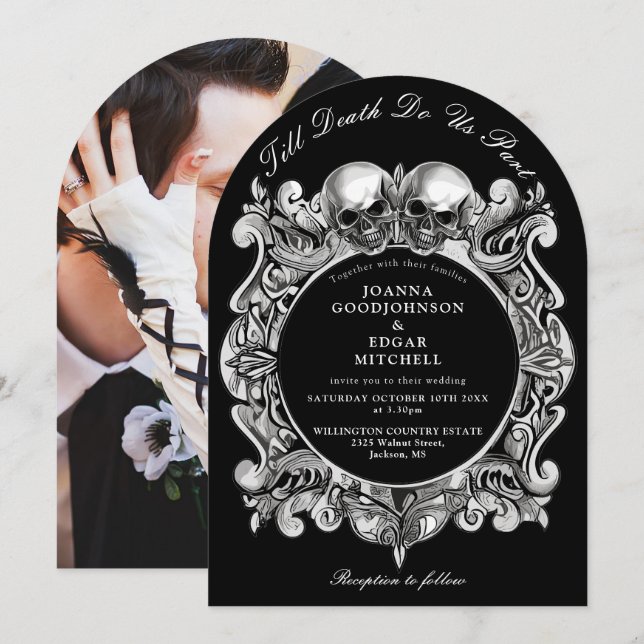 Bis zum Todegotischen Schädel Foto Hochzeit angefa Einladung (Vorne/Hinten)