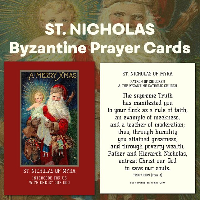 BISHOP ST. NICHOLAS DE MYRA PRAYER CARTES SAINES (St. Nicholas of Myra Byzantine Catholic Prayer Cards with Santa Claus holding Jesus )
