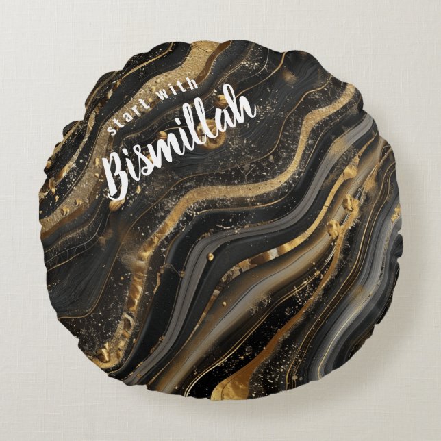 Bismillah Alhamdullilah Gold Black Agate Rundes Kissen (Vorderseite)