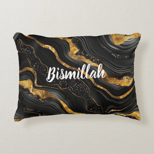 Bismillah Alhamdullilah Gold Schwarz Achat Dekokissen (Vorderseite)