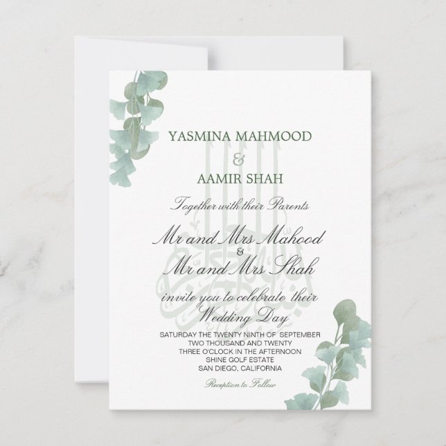 Bismillah Islamischer Eukalyptus Elegant Wedding Einladung (Vorderseite)