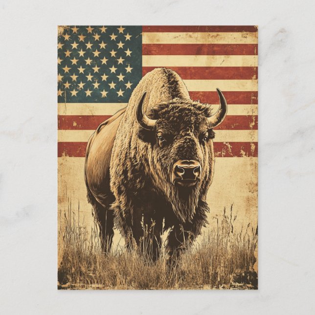 Bison American Flag Vintag Postkarte (Vorderseite)