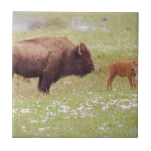 Bison and Calf in Yellowstone Fliese