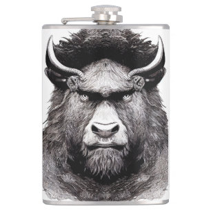 Bison Buffalo Animal Wild Nature Illustration Line Flachmann