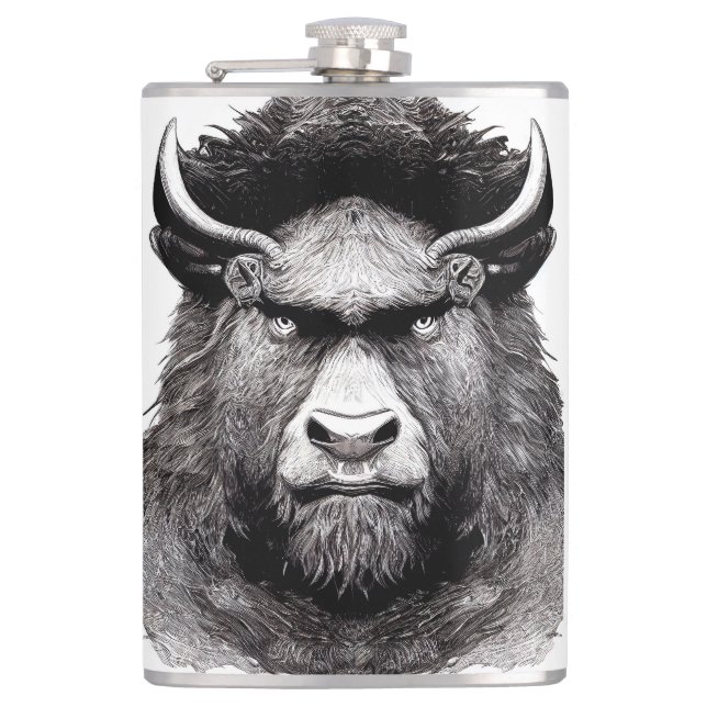 Bison Buffalo Animal Wild Nature Illustration Line Flachmann (Vorderseite)