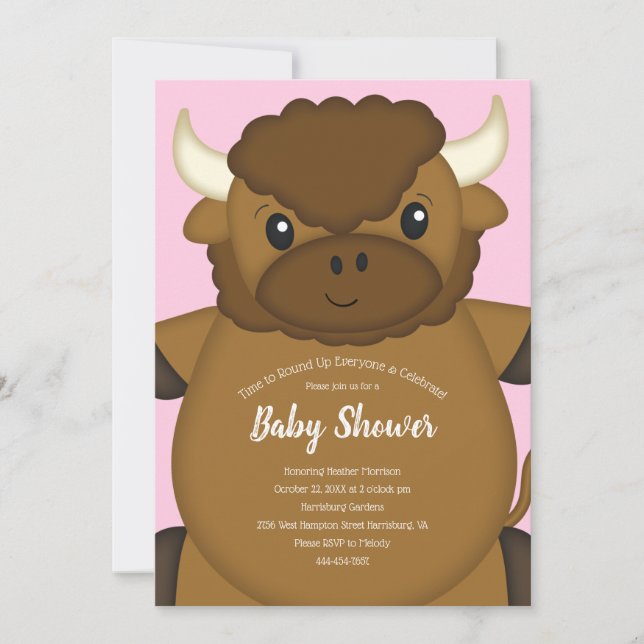 Bison Buffalo Baby Dusche Rosa Einladung (Vorderseite)